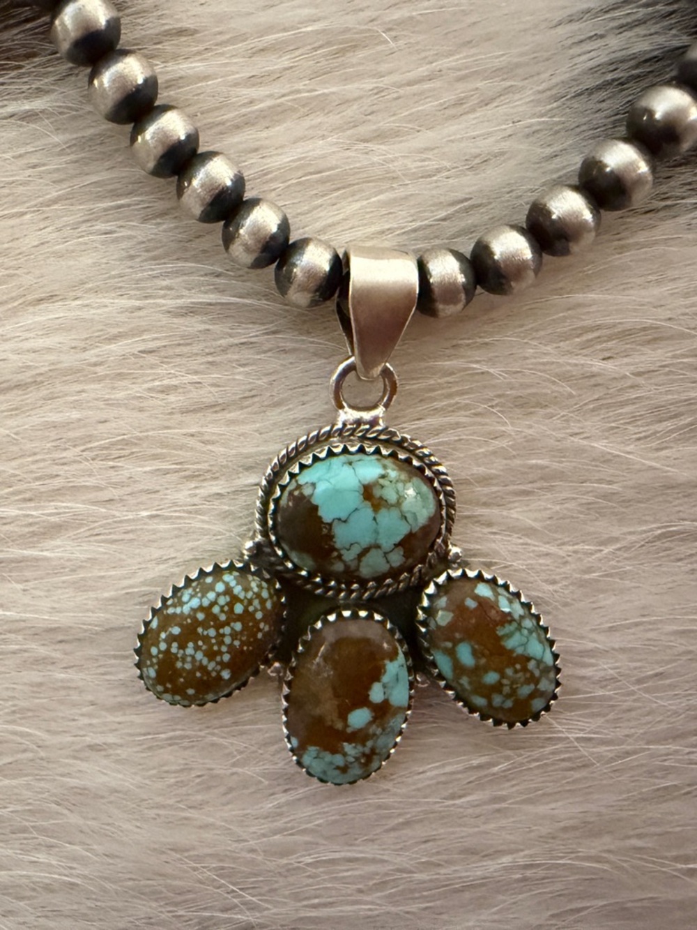 ❤️ Number 8 Turquoise Navajo Style 4 Stone Cluster Sterling Statement Pendant